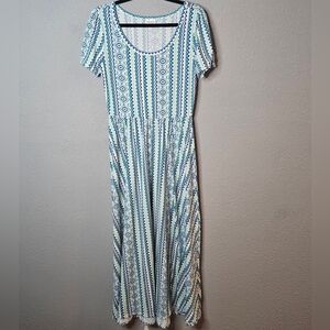 Lularoe Ana Maxi Dress Size Small Short Sleeve Fit & Flare Green Blue Shirt Fall
